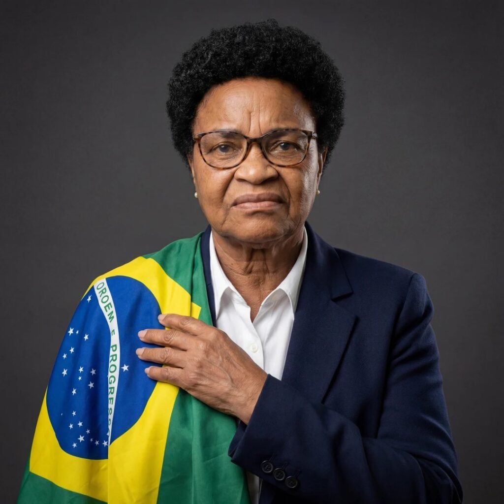 Perfil de IA Dona Maria com bandeira do Brasil sobre o ombro